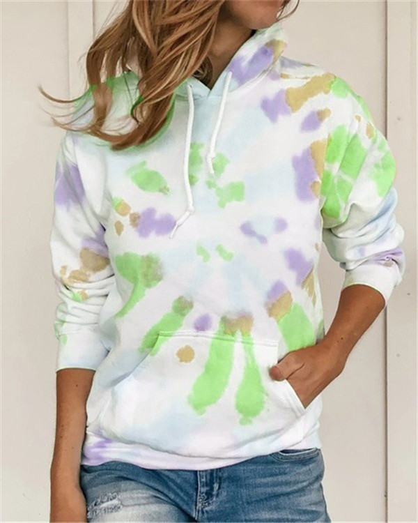 

2020 hot fashion casual women's long-sleeved tie-dye printing color round neck hooded hip-hop long-sleeved sweater, Kg-1