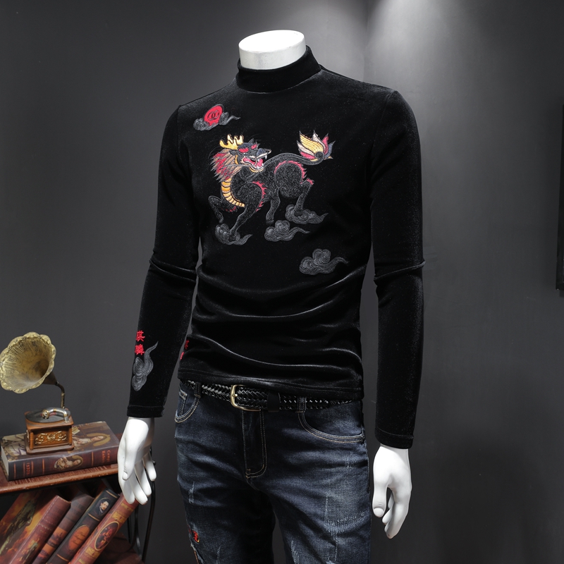 

2020 new winter embroidery plus velvet thick high-neck long-sleeved T-shirt men's gold velvet warm bottoming shirt tide, White;black
