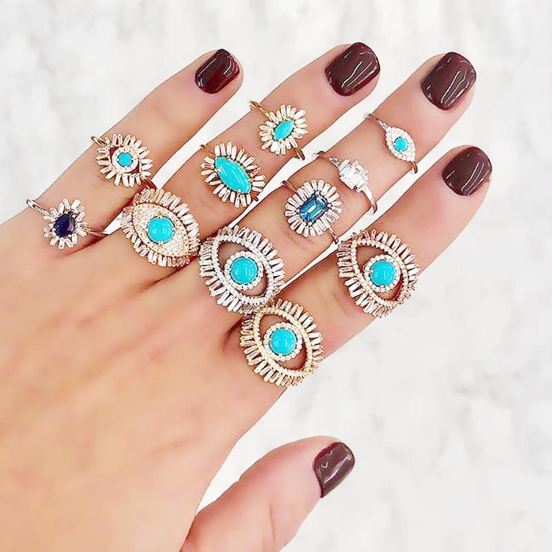 

Turkish Evil Eye Necklace /Bracelet/ Ring Paved With Blue Bead And White Cz For Women Wedding Gift 2020 New Summer Style, As pic