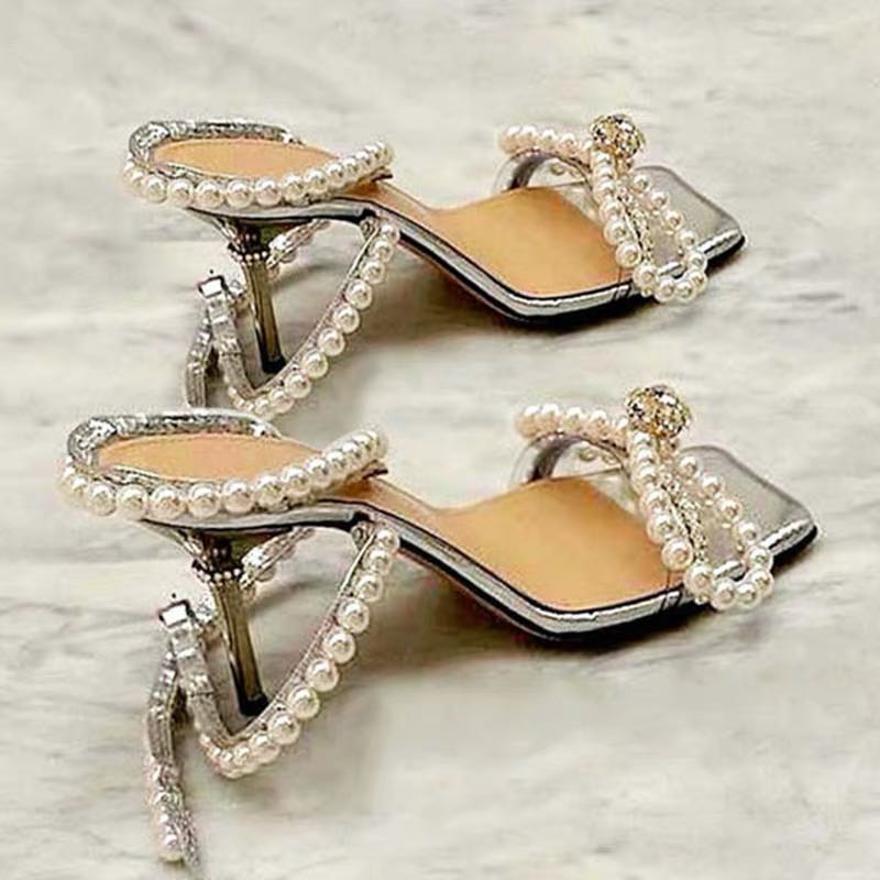 

Women High Heels Sandals Elegant Clear Rhinestone Bow Sandals Stiletto Heel Ladies Pearls Party Wedding Shoes, Silver
