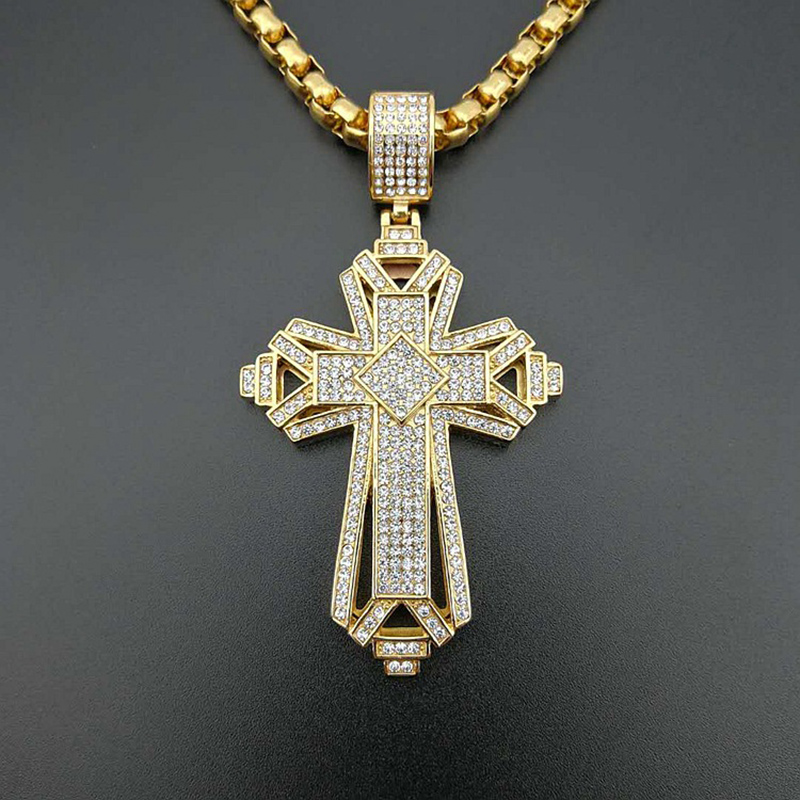 

Hip Hop Bling Iced Out Gold Color Stainless Steel Big Cross Pendants Necklaces for Men Rapper Jewelry Drop Shipping