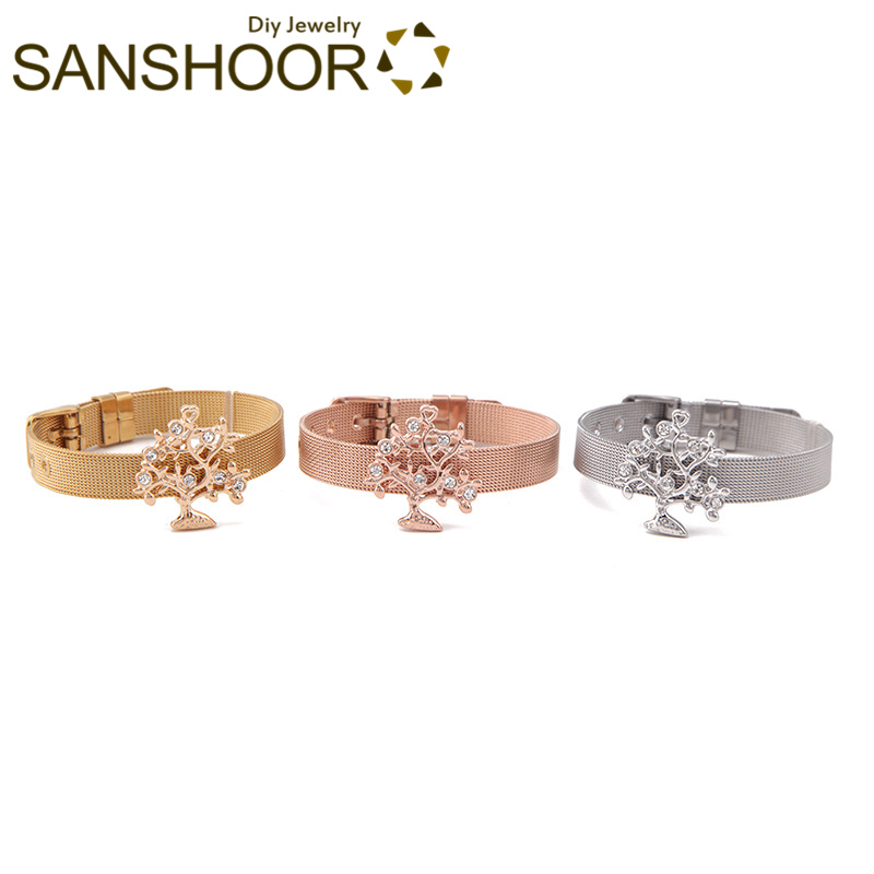 

SANSHOOR 3Colros 21cm Stainless Steel Mesh Keeper Bracelet Set With 2.8*2.5cm Crystal Tree Big Slide Charms For Women Christmas