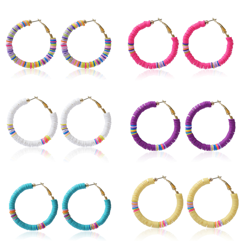 

Hoop Earrings For Woman Rainbow Heishi Beaded Open Hoop Earrings Bohemian African Vinyl Disc Surfer Beach Jewelry