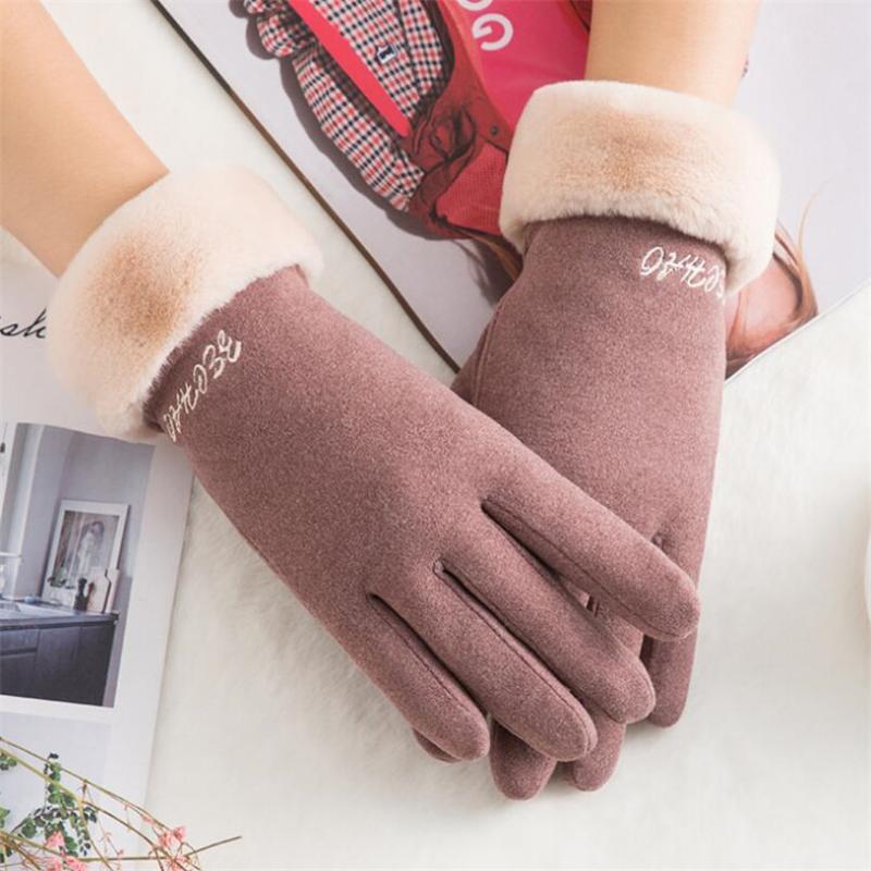 

CHSDCSI Touched Screen Mittens Winter Female Wrist Warm Fur Cashmere Full Finger Mittens Women Suede Leather Driving Ski Gloves