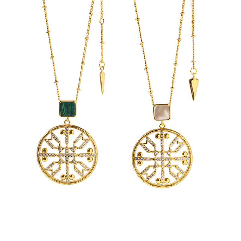 

Vintage Hollow Cross Flower Pendant Charm Necklace Spike Malachite Green Shell Pearl Zircon Necklace For Women Birthday Gift