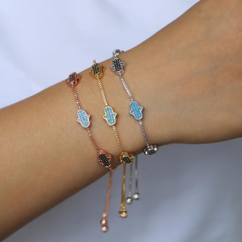 

4 pcs hamsa charm rose gold color plated Charm with blue blackTurquoises Natural Stone hand adjustable bracelet for Women
