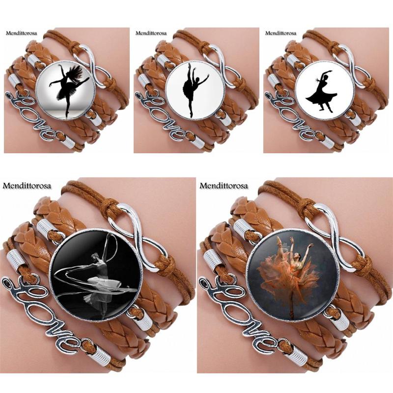 

For Girls Best Gift Punk Jewelry With Glass Cabochon Multilayer Black/Brown Leather Bracelet Bangle Ballerina Dancing