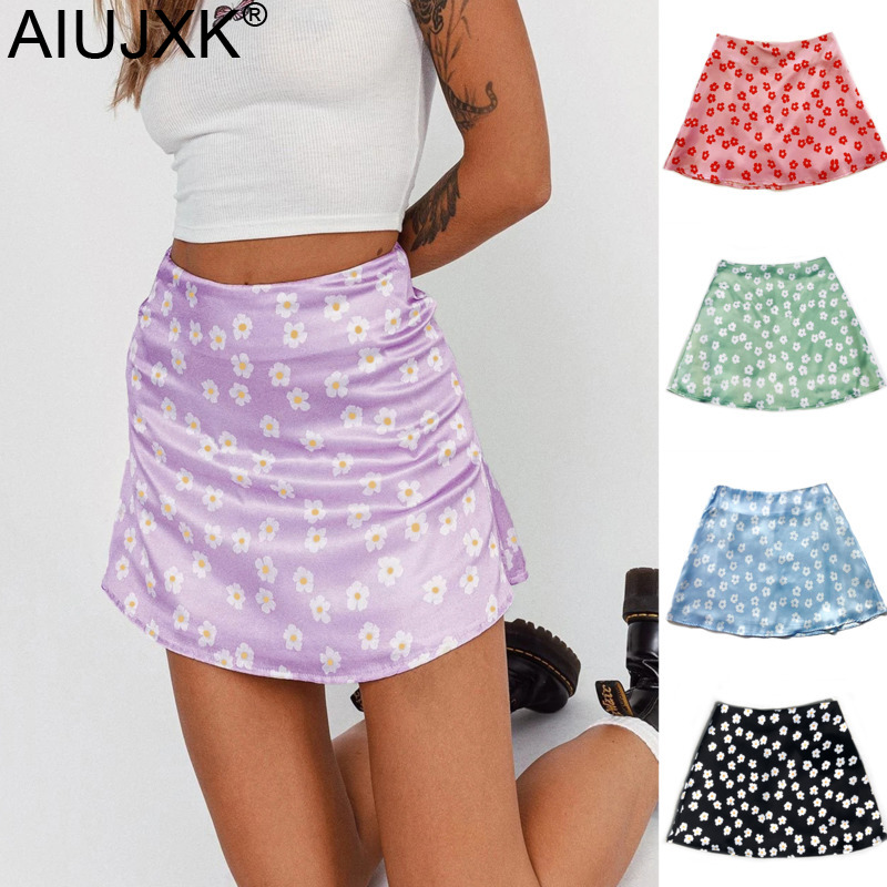 

AIUJXK New Arrival 2020 Skirts Womens Fashion Daisy Floral Print Satin Skirt Woman Casual High Waist Summer Cute Girl Skirt, Purple flower