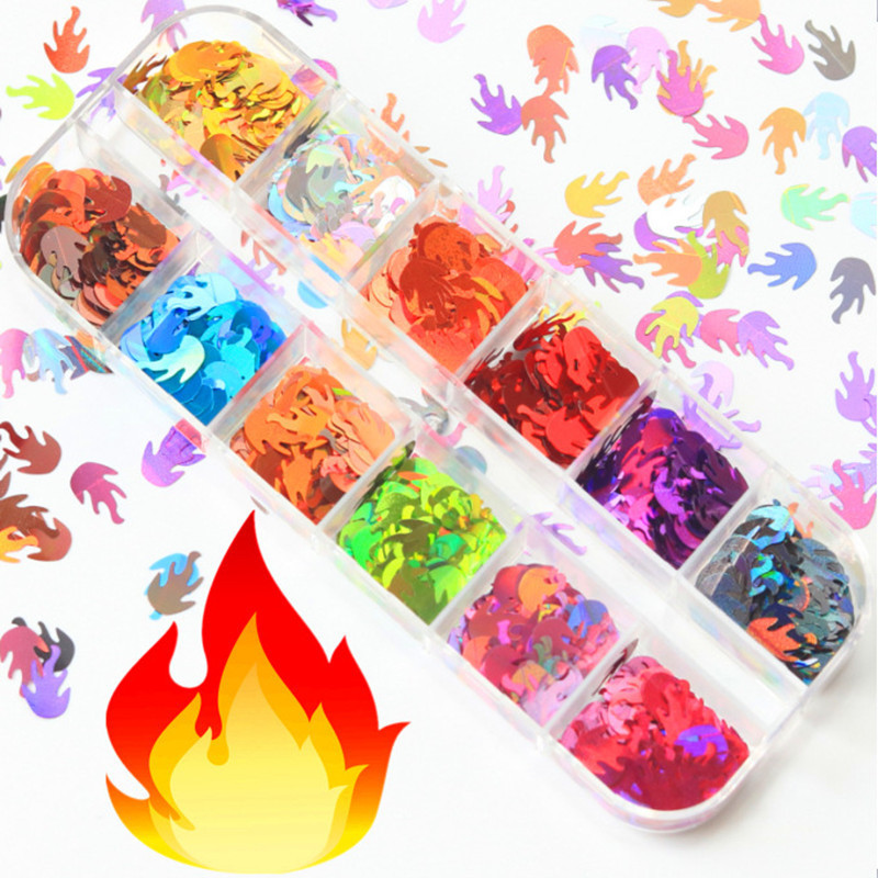 

Nail Art Sequins Stickers 12 Color Set 3D Flakes Holographic Flame Sequins Maple Leaf Dot Nail Art Decorations Design Decals