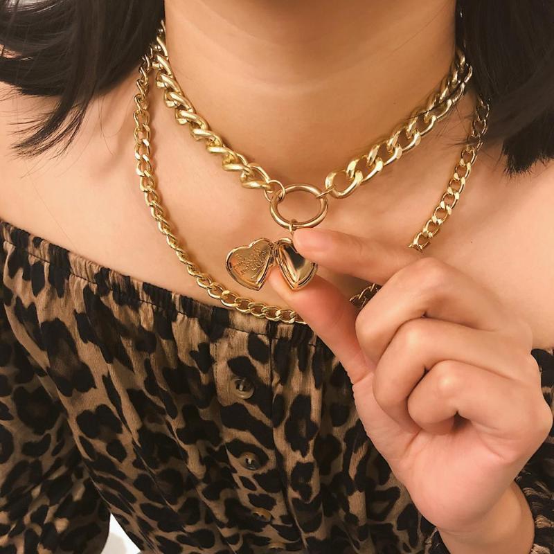 

Multi Layer Baroque Thick Chain Necklace Collares Punk Gold Heart Pendant Choker Necklace Festival Couple Jewelry Gift