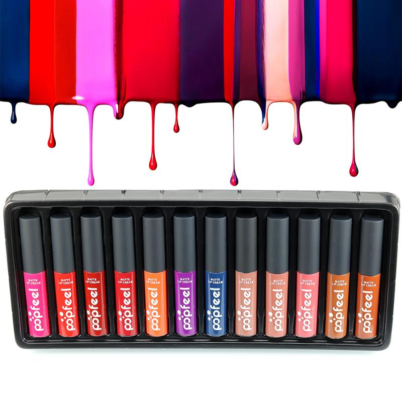 

12 Pcs/Set Popfeel Lipgloss Long Lasting Lip Gloss Matte Waterproof Makeup Lipstick Lip Tint Set MaLiquid Stick 12 Colors
