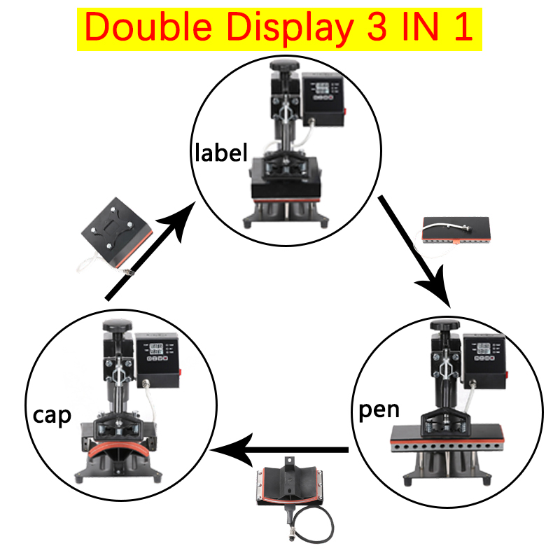 

NEW 3 in 1 Digital Double Display Pen Printing Machine Cap Heat Press Machine 15x15CM Logo DIY Sublimation Label Printer