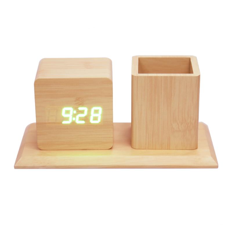 

Voice-Activated Wooden Alarm Clock Pen Container Office Desk Table Clocks Digital LED Modern 3 Sets Alarm Temp Intensity Control