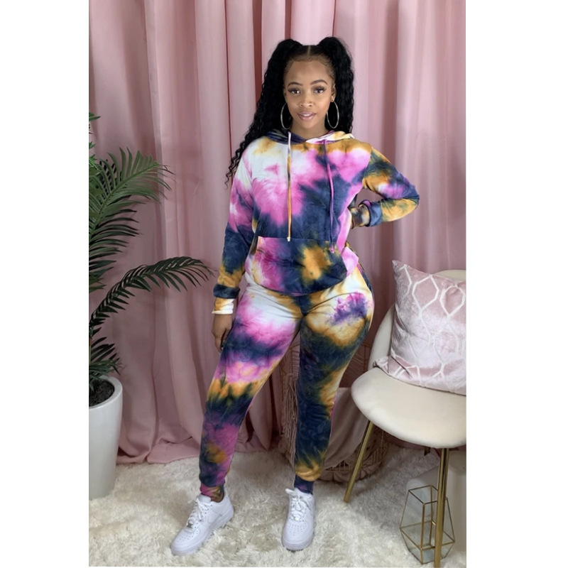 

European and American autumn and winter new women' wear purple green tie-dyed hat collar long sleeve sports loose two suit, Lavender