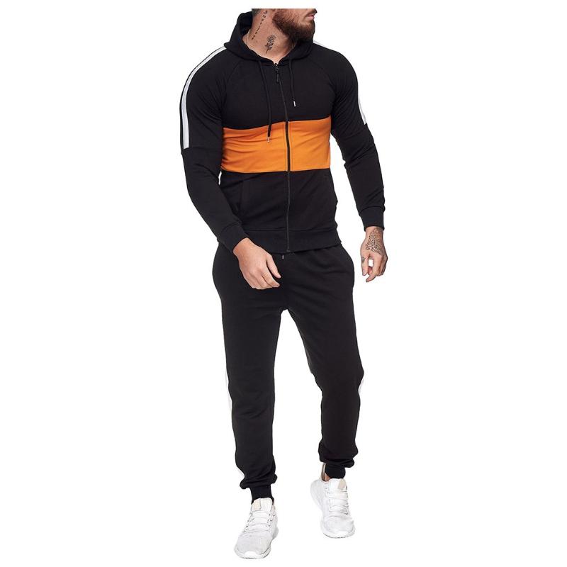 

Mens Autumn Sweatshirt Sports Suits Loose Tracksuits Splicing Zipper Print Sweatshirt Top Pants Sets Sport Suit Running Set, Black