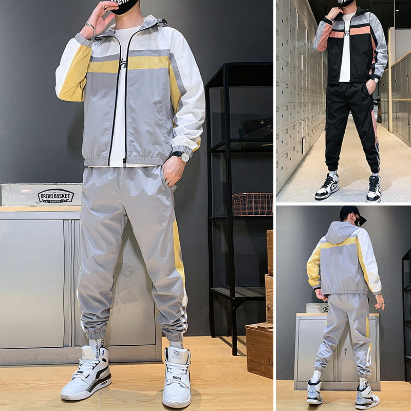 

Autumn Men Patchwork Tracksuit Sets Casual Sportswear two-piece suit Spring Men Hip Hop Streetwear hooded Zipper Jacket+Pants, Black