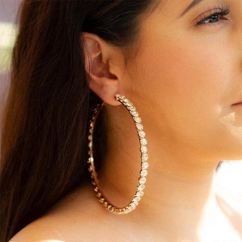 

GLAMing Fashion Big Round Earrings Wedding 2020 Jewelry Gold Extra Crystal Large Rhinestone Hoop Earrings for Women Accessories