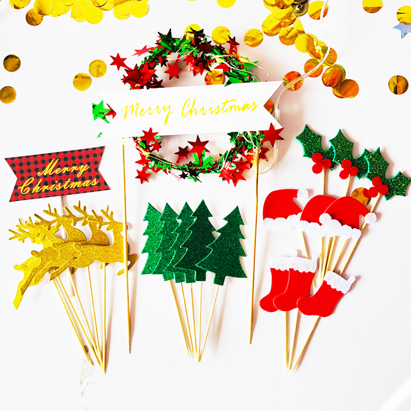 

Christmas Tree Flower Cupcake Toppers Deer Star Hat Insert Baby Girl Birthday Party Decor Christmas Cake Accessories Supplies