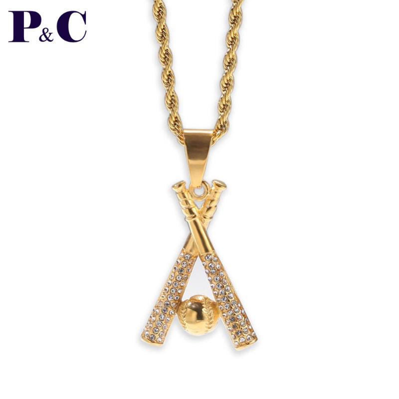 

Baseball Pendant Necklace Stainless Steel Men Hip Hop Fashion Jewelry gold silver color witn cuban chain