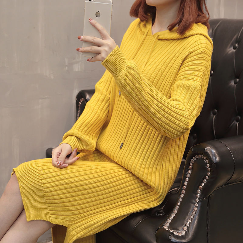 

2020 Women Autumn Korean Loose Long Sleeve Hooded Straight Knitted Sweater Dress Female Casual Solid Mid-long Vestidos W138, Yellow