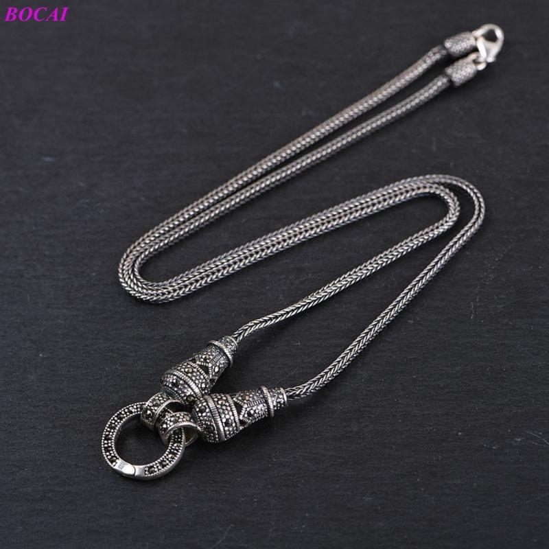 

BOCAI S925 sterling silver buckle foxtail necklace Thai silver retro, ladies sweater chain long section fashion wild necklace