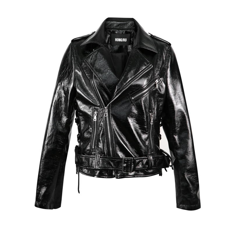 

2020 Spring Glossy Faux Leather Jacket Women' Short Slim Locomotive Retro Patent Leather Bright Surface Biker Coat HR5033, Black