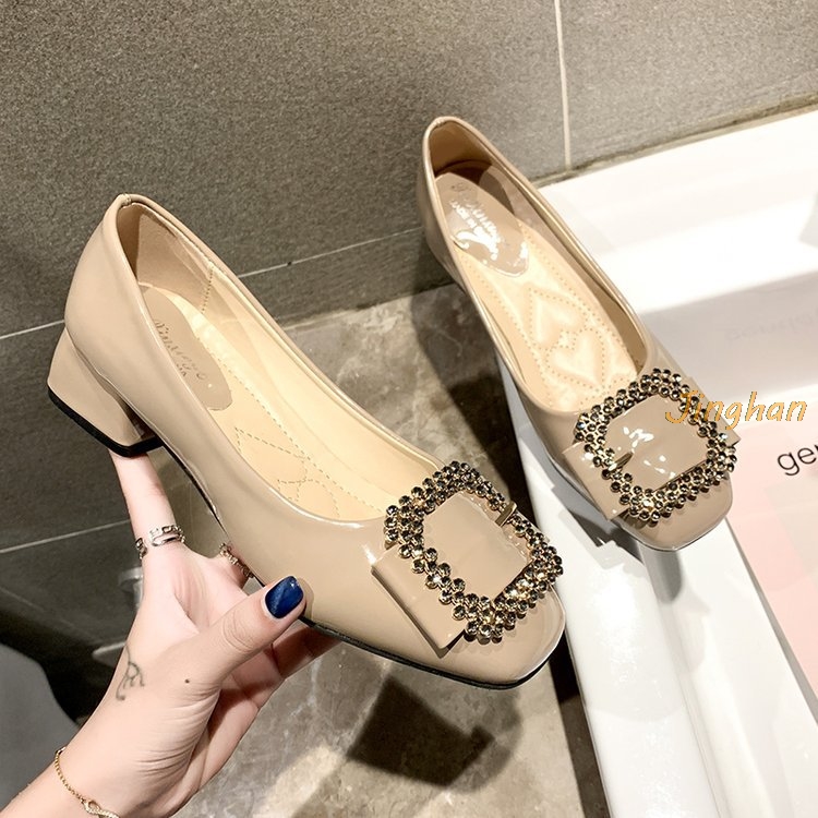 

2020 Spring Autumn New Stay Women's Pumps Square Heel Metal Decoration Women's Shoes Comfortable Square Toes Ladies Pumps, Beige