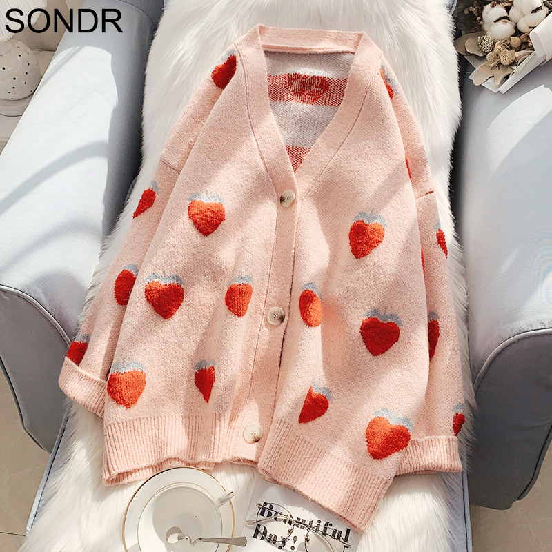 

Cute Kawaii Strawberry Pattern Sweater Women Winter Cardigan Loose Casual Knitted Warm Sweater Girls Streetwear Fall Top Outwear, Beige