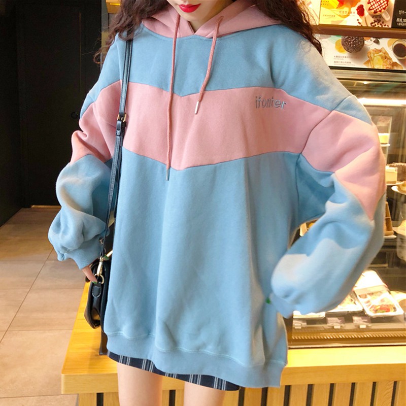 

Women Simple Long Sleeve Cute Color Matching Hoodie Spring Autumn New Arrive Loose Hat Collar Wild Sweatshirt For Women