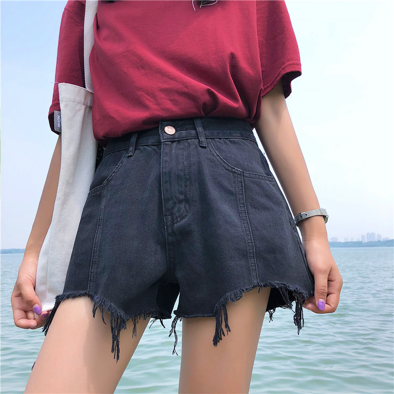 

2020 Japanese Style Womens Chic Thin Pockets Zipper Loose Solid All-Match Trendy High Waist Shorts Women Denim Hot Pants, Black