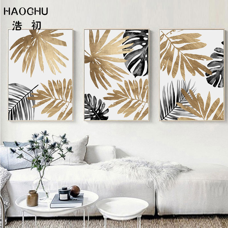 

HAOCHU Golden gray abstract leaves Canvas Painting Wall Art Banana Leaf Canvas Art Print Posters And Print Wall Picture No Frame