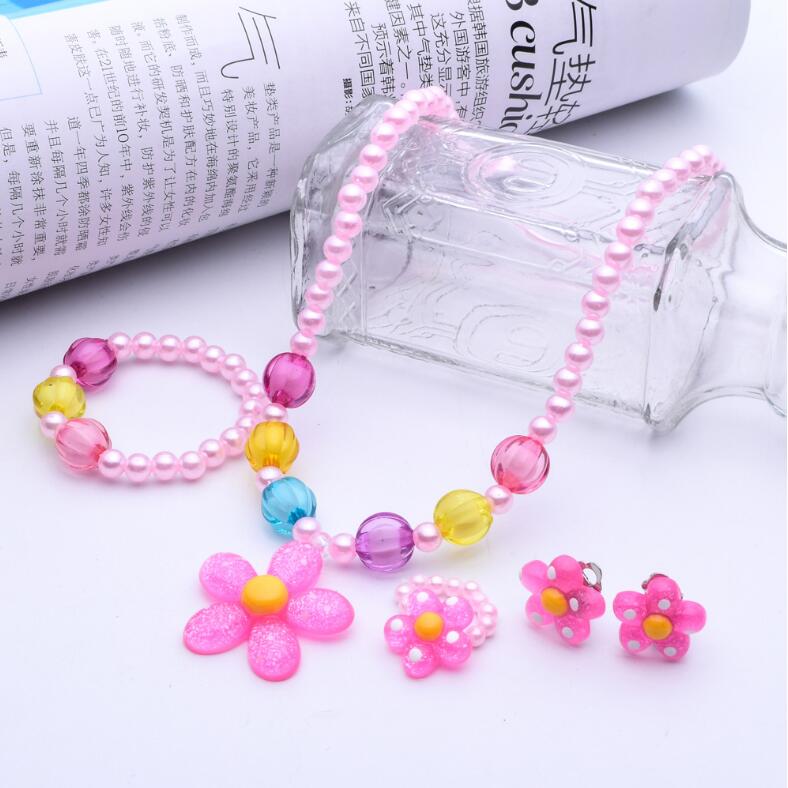 

Lovely Kids Girls Jewelry Set for Children Cute Necklace Bracelet Ring Earrings Set Children Party Gifts, As pic