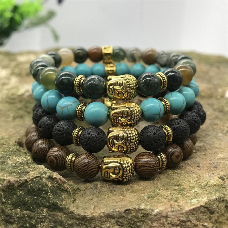 

6pcs Natural stone 8mm beads lava rock agates bracelet gold plating Buddha head Healing Amulet for jewelry hand making