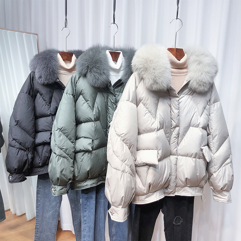 

Real Fur Collar 2020 New Winter Women' 90% White Duck Down Jacket Female Short Puffer Coat Warm Down Parka Loose Outwear, Beige