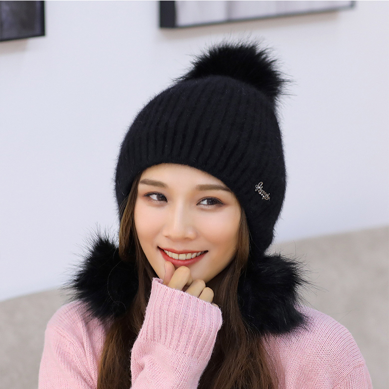

women winter Plush thicken knitted Ball cap cute solid wool Skull cap outdoor cycling coldproof keep warm Beanies Headgear hat, Black