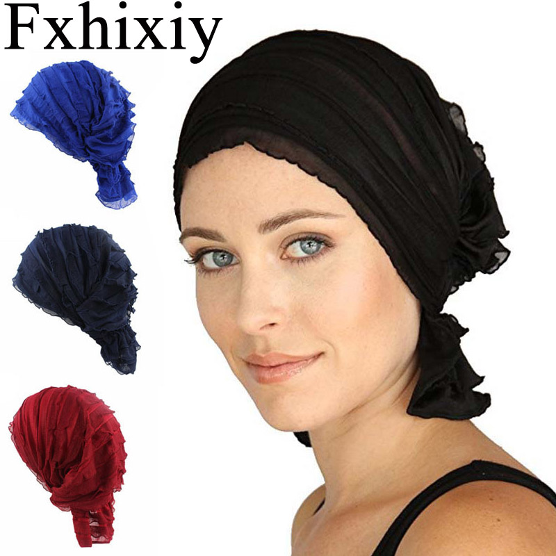 

New Muslim Women Chiffon Solid Ruffle Breathable Bandanas Turban Hat Headwear Chemo Cap Headscarf Hair Accessories, Black