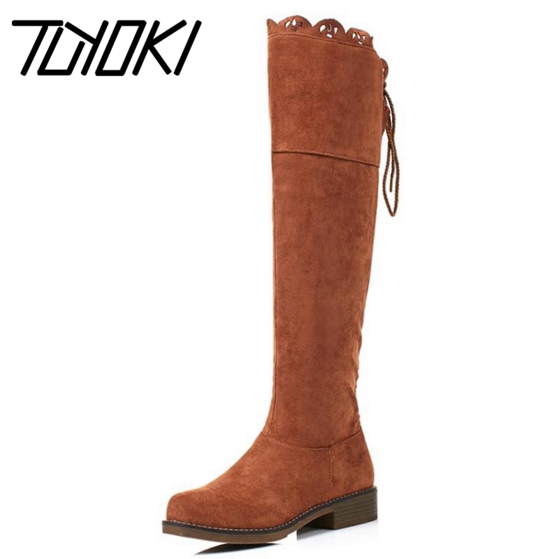 

Tuyoki Size 30-43 Women Winter Flats Boots Bowknot Warm Fur Shoes Woman Zipper Knee High Boots Fashion Ruffles Footwear, Black