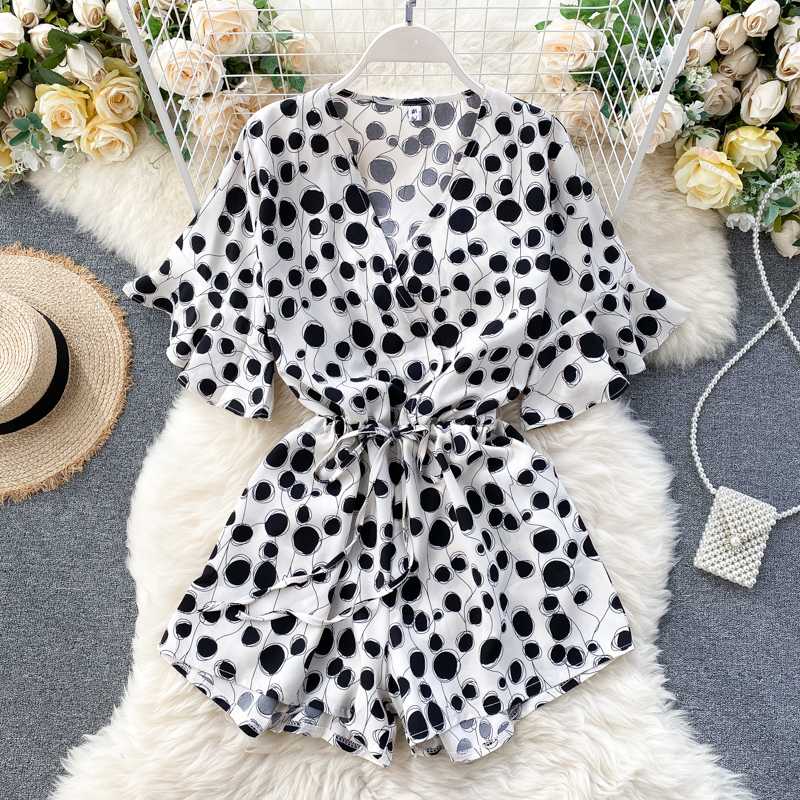 

Holiday Casual Style Polka Dots Flare Sleeve Irregular Wide Leg Short Jumpsuit Women Chic Summer Bodysuit, Black