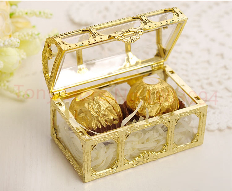 

20pcs Candy Box Golden Silvery Transparent Gift Boxes Plastic Treasure Chest Wedding Favor Jewelry Storage DHL Fedex Shipping