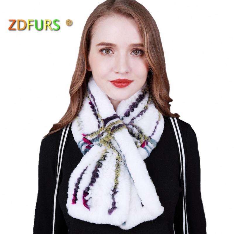 

ZDFURS *New knitted Fur Scarf Women Winter Shawls Scarves Knitted Real Fur Muffler Warm Ladies Scarves Grid stripe scarf