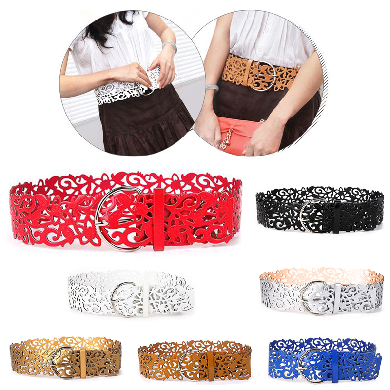 

New Women Lady Elastic Wide Buckle Hollow Stretch Waistband Corset Waist Belt, White