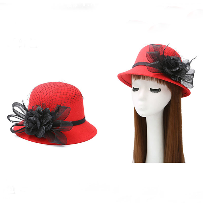 

Womens Fashion Style Cloche Bucket Hat with Flower Accent Winter Hat, Red