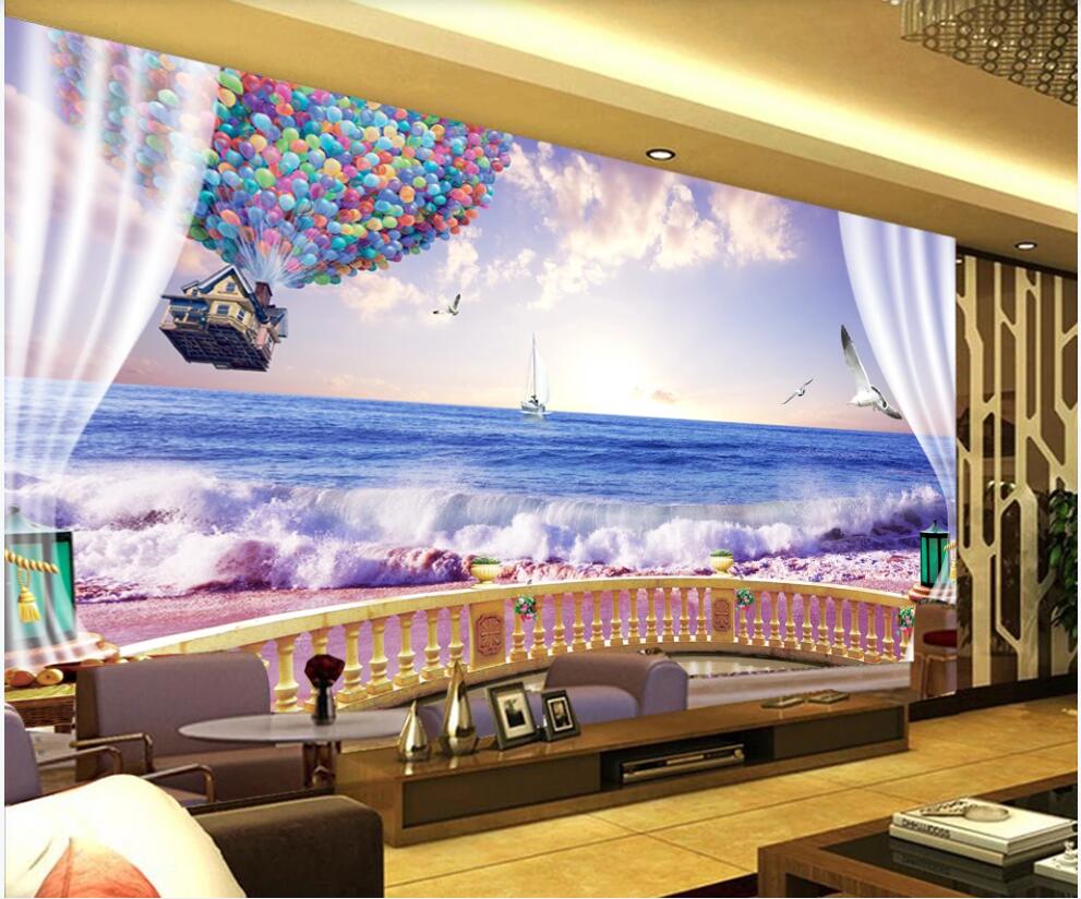 

3d wallpaper custom photo mural on the wall Sunset seaside waves balloon scenery background home decor wallpaer in the living room, Non-woven wallpaper