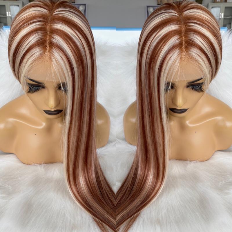 

Blonde highlight Red Brown Virgin Hair Full Lace Wig 180% density European Hair Made from stock 613 white Blonde, Virgin balayage