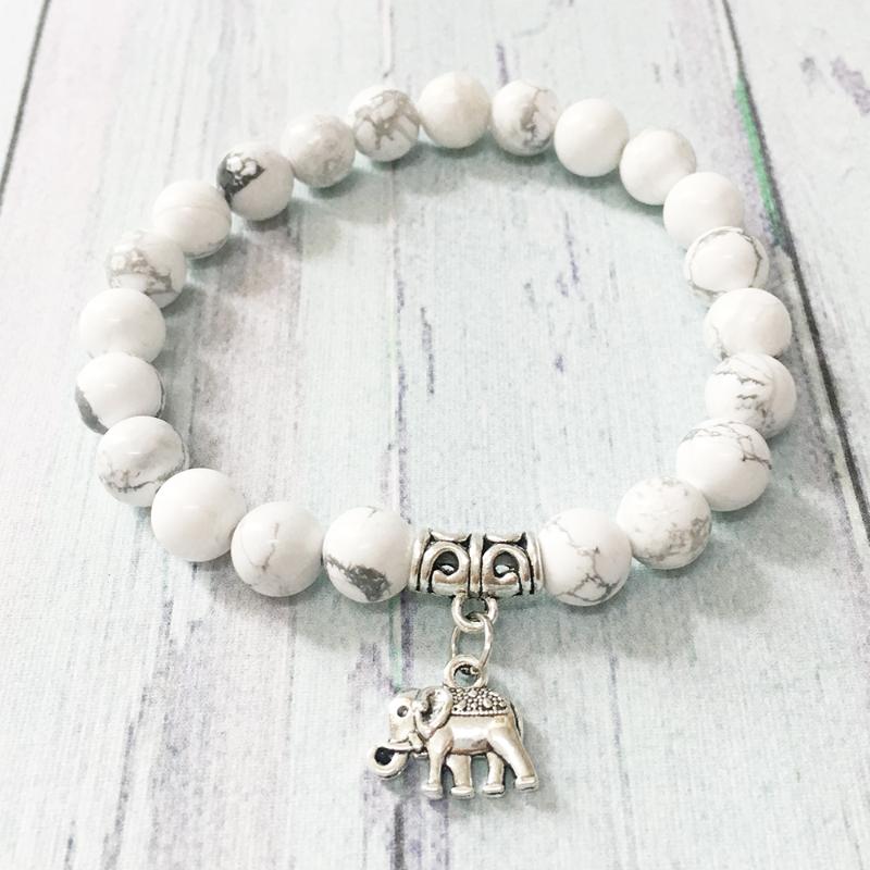 

MG0467 8 mm Howlite Negative Energy Protection Wrist Mala Bracelet Elephant Charm Chakra Bracelet Energetic Field Jewelry