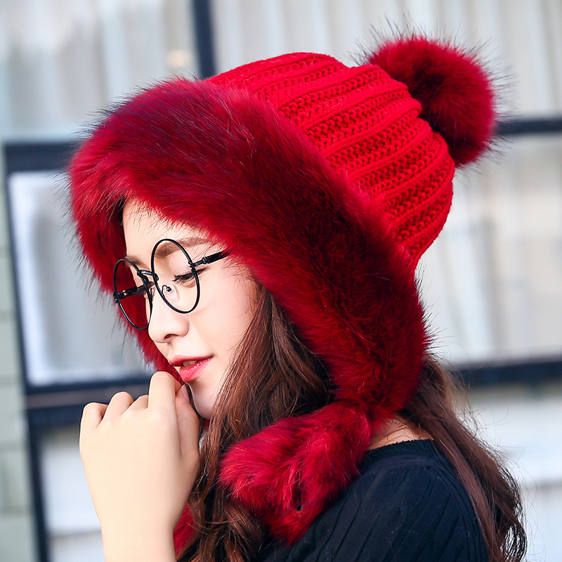 

Thick woolen hat women winter double layer warmth cute knitted hat ear protection