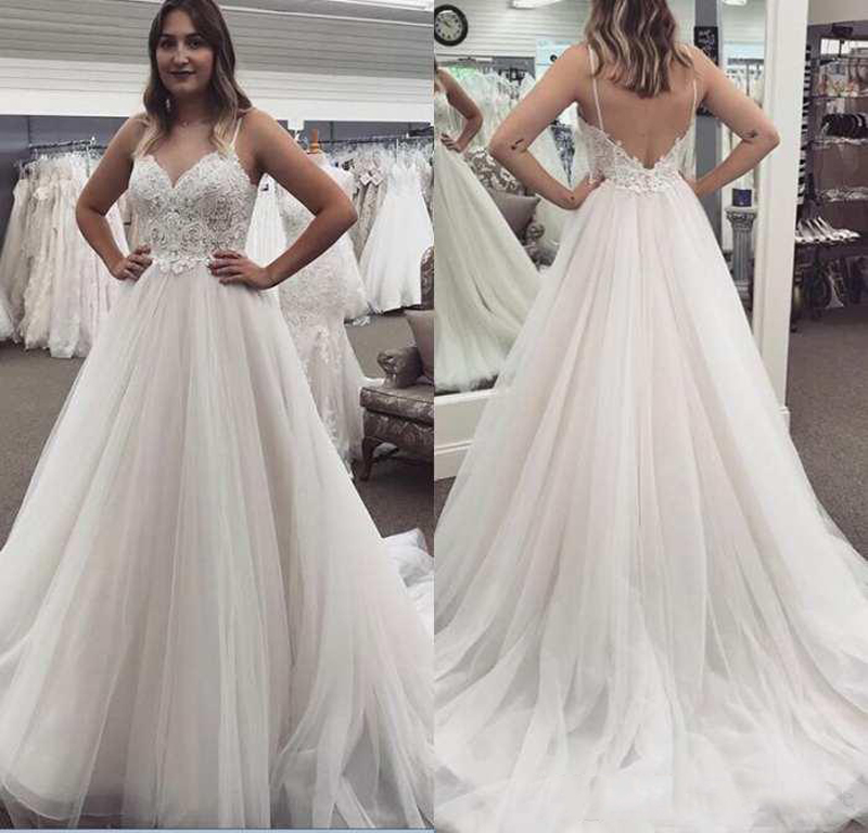 

Spaghetti Lace Plus Size Wedding Dresses 2021 with Appliques Court Train Tulle Backless A Line Wedding Bridal Gowns, White