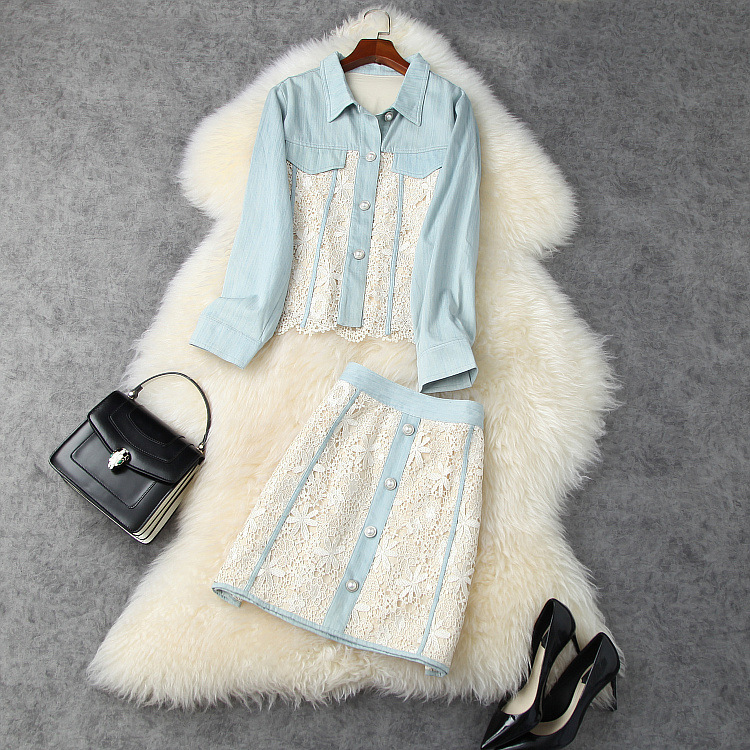 

2020 fashion Columbus Day holiday sale ins wholesale runway new hot Lapel neck Long sleeves Button top+Hollow out Skirt suit, Blue