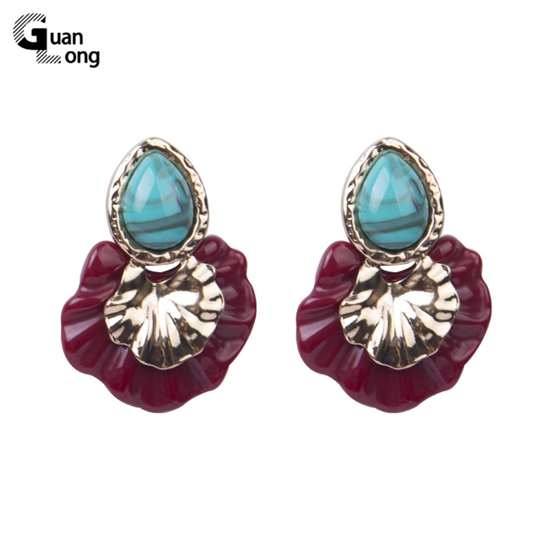 

GuanLong Fashion Resin Acrylic Flower Drop Earring Big Gold Metal Korean Earrings for Women Wedding Long Earings Vintage Jewelry