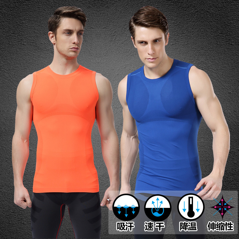 

Men Pro Compress Quick Dry Exercise T-shirt GYM Training Fitness Tops Vest Tank Workout Tee Sport Run Yoga Beach Board Vest MA03, Orange